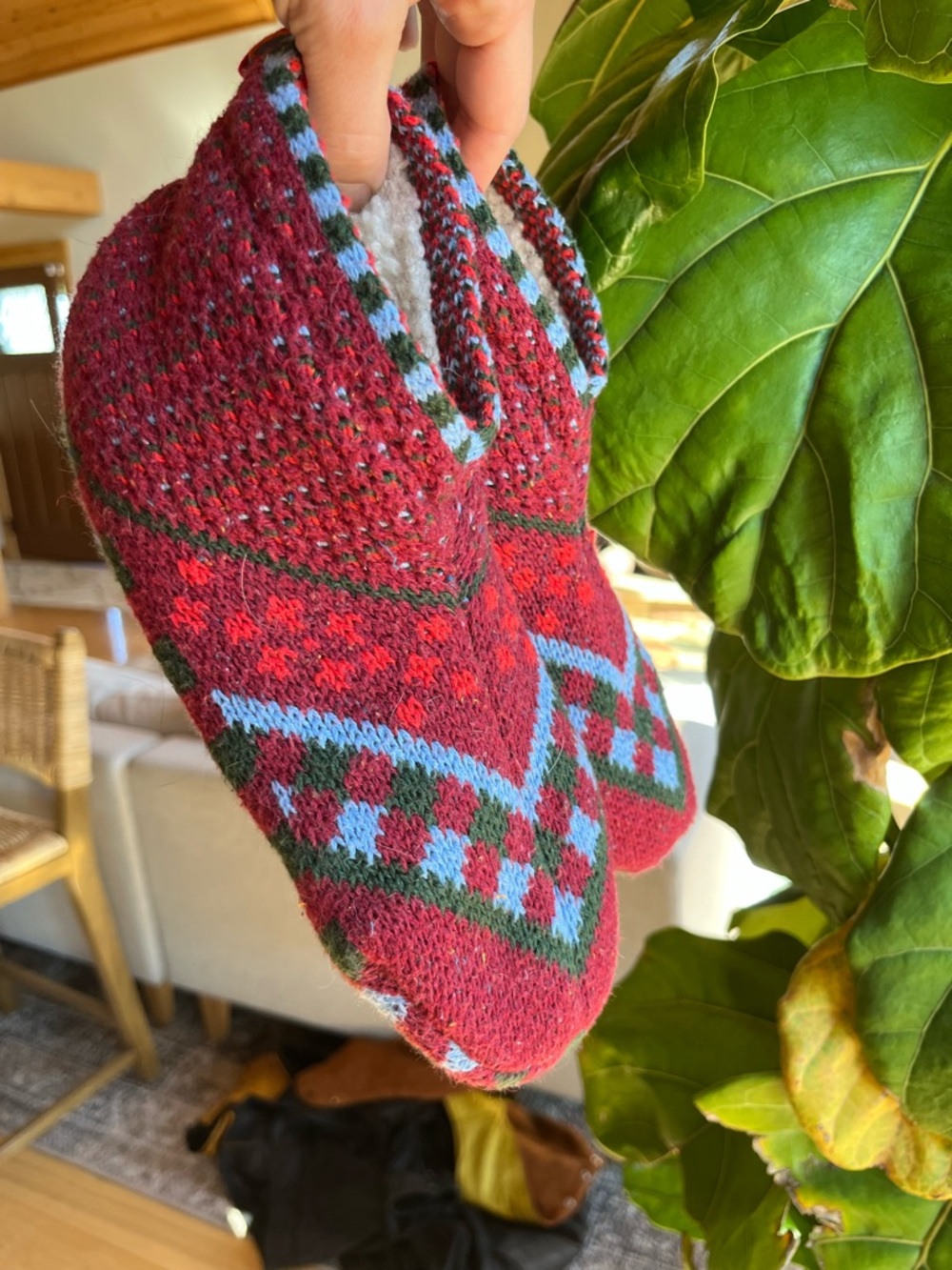Bombas Handmade Knit Slipper Socks - Red, Blue & Green Fair Isle